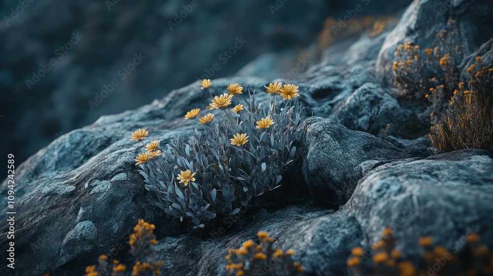 A close-up of vibrant yellow flowers growing among rocky terrain. A close-up of vibrant yellow flowers growing among rocky terrain.