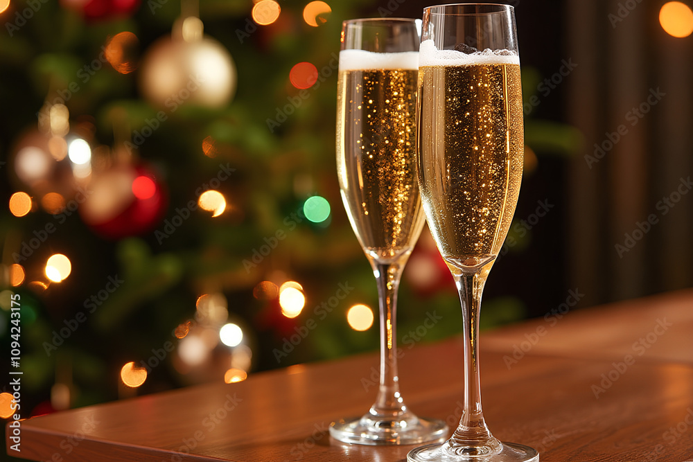 Two champagne flutes filled with sparkling wine sit on a wooden table. Ornamented Christmas trees with twinkling lights blur in the background. Two champagne flutes filled with sparkling wine sit on a wooden table. Ornamented Christmas trees with twinkling lights blur in the background.