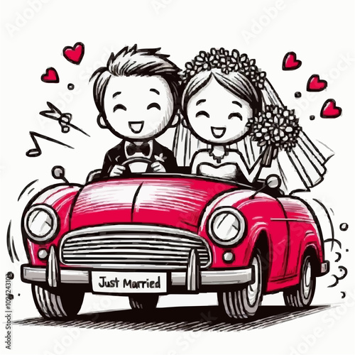 Just Married Car and Wedding Vehicles – Bride and Groom Getaway, Newlywed Road Trip, Vintage Wedding Car, Romantic Honeymoon Ride, Funny Newlywed Scooter and car illustrations