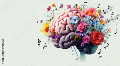 Creative Human Brain with Flowers and Music Notes for Mental Health and Positive Thinking