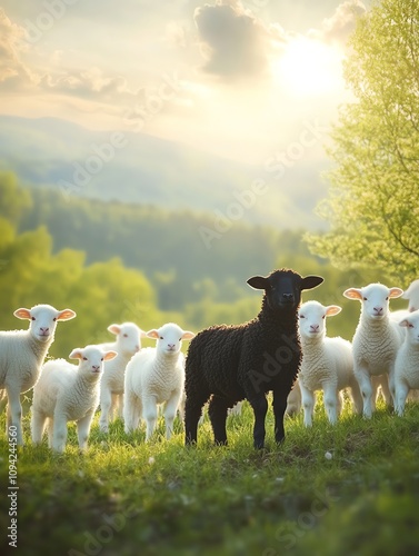 A stunning scene of a black sheep standing out among white lambs in a verdant pasture under a golden sunset. photo