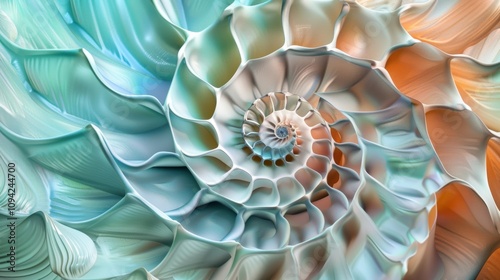 Nautilus shell in closeup, showcasing its iconic spiral pattern. The shell's geometric design is a stunning piece of nature's art.