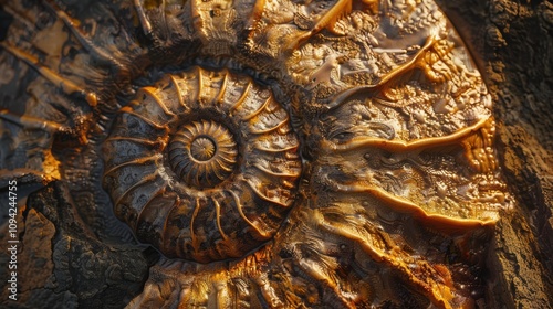 Nautilus shell in closeup, showcasing its intricate spiral pattern. The shell's geometric design is a stunning example of nature's artistry.