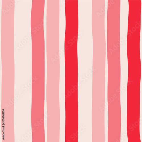 Abstract seamless pattern of red and pink wavy vertical stripes on a light pale background, hand drawn illustration