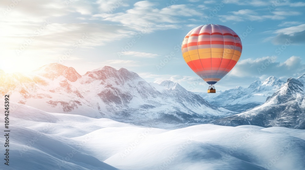 Vibrant Air Balloon Over Snowy Mountain Landscape Vibrant Air Balloon Over Snowy Mountain Landscape
