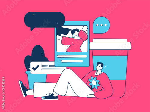 Virtual characters social communication concept business flat vector hand drawn illustration
