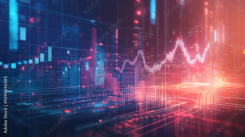 Digital finance is booming. The design shows a rising arrow above graphs and charts, representing progress in online financial analysis. Digital finance is booming. The design shows a rising arrow above graphs and charts, representing progress in online financial analysis.