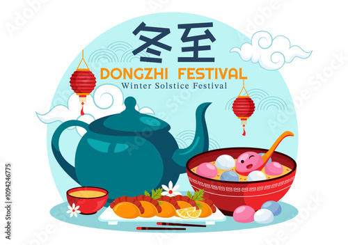 Dongzhi Festival Translation. Winter Solstice Festival Vector Illustration featuring Chinese Foods Tangyuan and Jiaozi in a Traditional Background