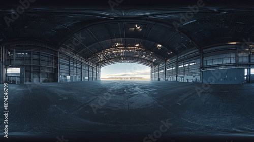 360 degree panorama view.A dark, 3D image shows a large, empty hangar. It's made of concrete and metal, and the view is a complete, all-around panorama.