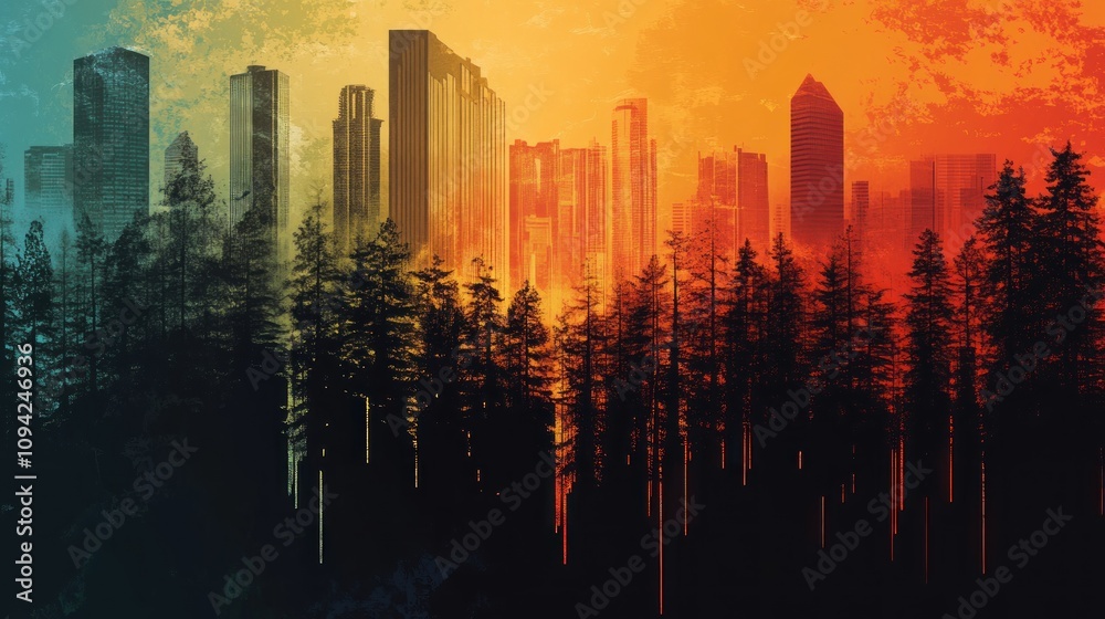 Cityscape in the Forest: A Surreal Sunset Cityscape in the Forest: A Surreal Sunset