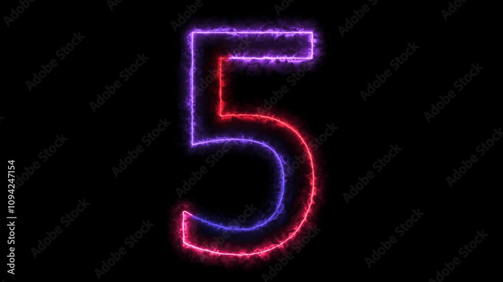 Animation of number 5 with red blue neon colors on the outline and isolated on black background. Number five Animation of number 5 with red blue neon colors on the outline and isolated on black background. Number five