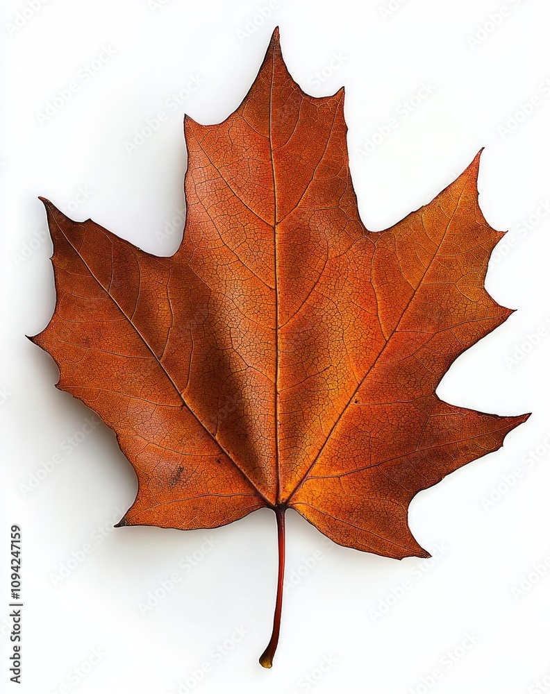 Brown Maple Leaf Isolated on White Background with Shadow and Veins Brown Maple Leaf Isolated on White Background with Shadow and Veins