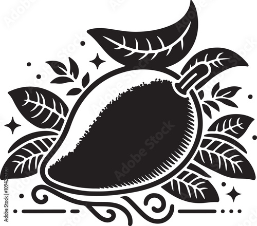 Vector illustration of yellow cartoon mango with green leaf sticker illustration and black and white drawing for children to learn to color according to the picture. photo