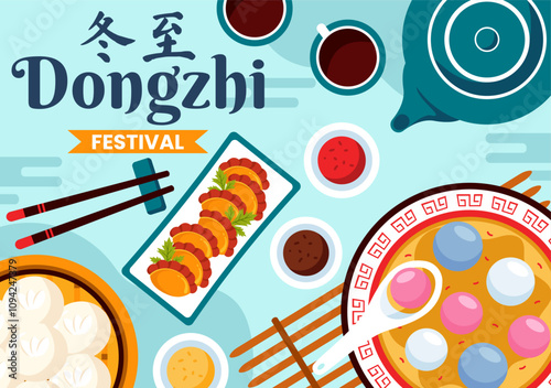 Dongzhi Festival Translation. Winter Solstice Festival Vector Illustration featuring Chinese Foods Tangyuan and Jiaozi in a Traditional Background