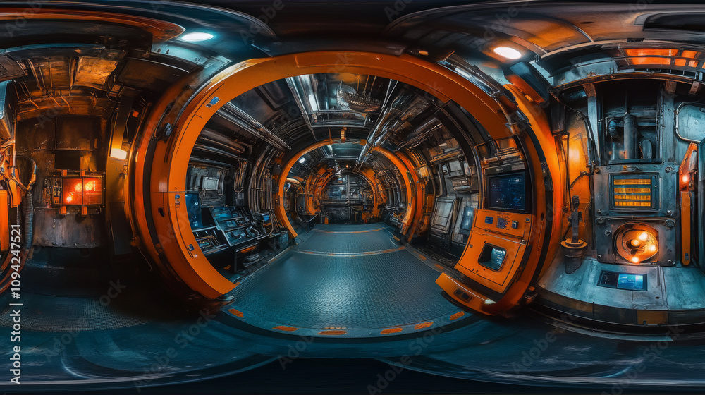 360 degree panorama view.A 3D image shows a dark, futuristic room. Orange and blue lights create a dramatic effect in this immersive, all-around view. 360 degree panorama view.A 3D image shows a dark, futuristic room. Orange and blue lights create a dramatic effect in this immersive, all-around view.