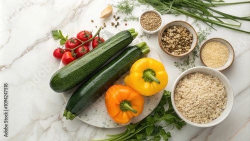 A vibrant still life showcasing fresh vegetables and grains, ready for a healthy and delicious meal