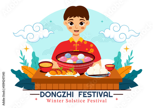 Dongzhi Festival Translation. Winter Solstice Festival Vector Illustration featuring Chinese Foods Tangyuan and Jiaozi in a Traditional Background