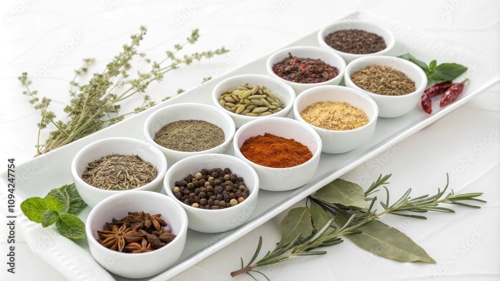 Aromatic Spices and Herbs Arranged on a White Tray Aromatic Spices and Herbs Arranged on a White Tray