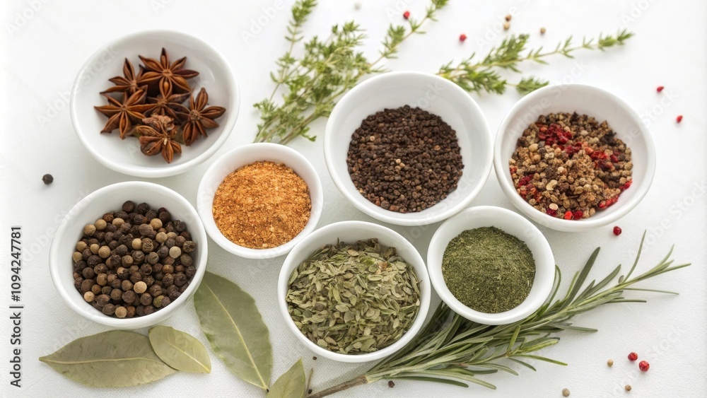 Aromatic Herbs and Spices in Small White Bowls Aromatic Herbs and Spices in Small White Bowls
