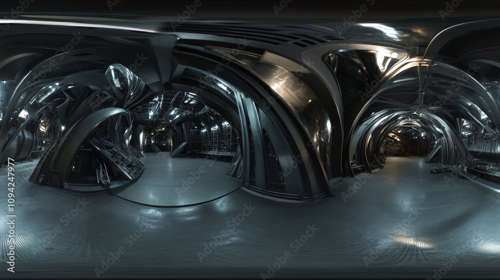360 degree panorama view.A futuristic metal hall is shown in a 3D image.  The dark, abstract space is lit with unusual lighting, shown in a 360-degree view.