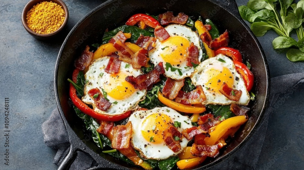 Breakfast Skillet with Vegetables, Eggs, and Bacon background Breakfast Skillet with Vegetables, Eggs, and Bacon background
