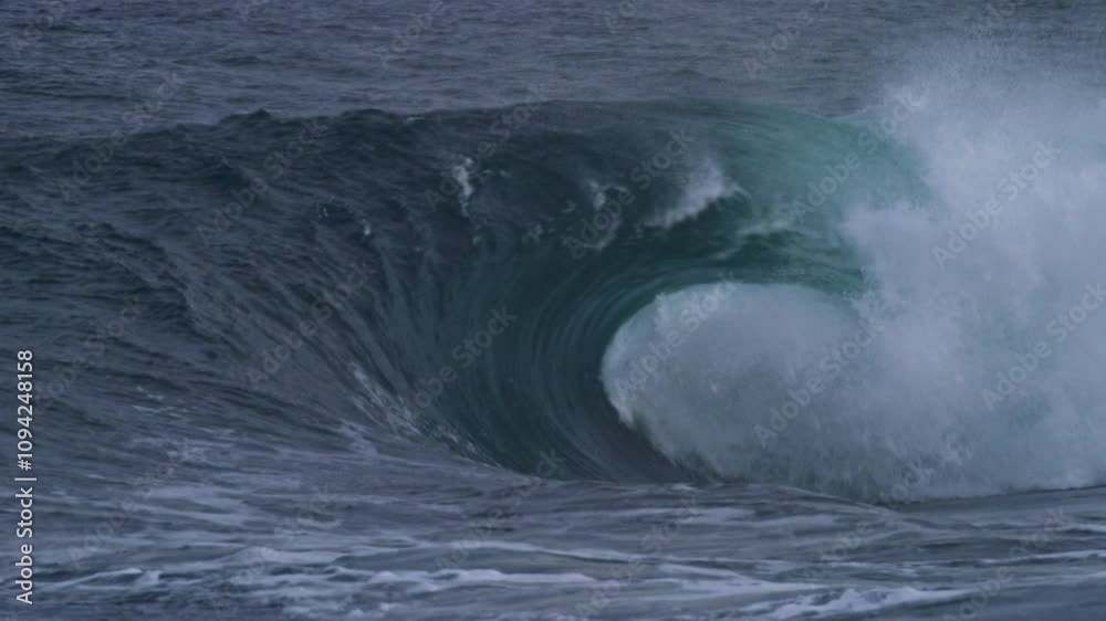 slow motion Atlantic wave rolls and crashes into a smooth barrel on a stormy day