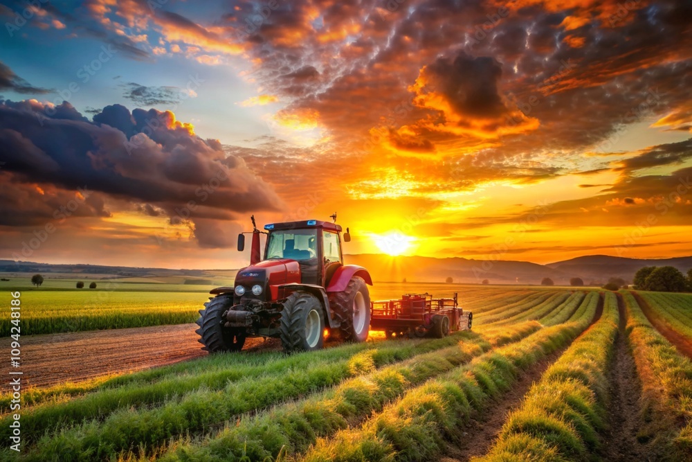 Fototapeta premium A red tractor is driving through a field of crops