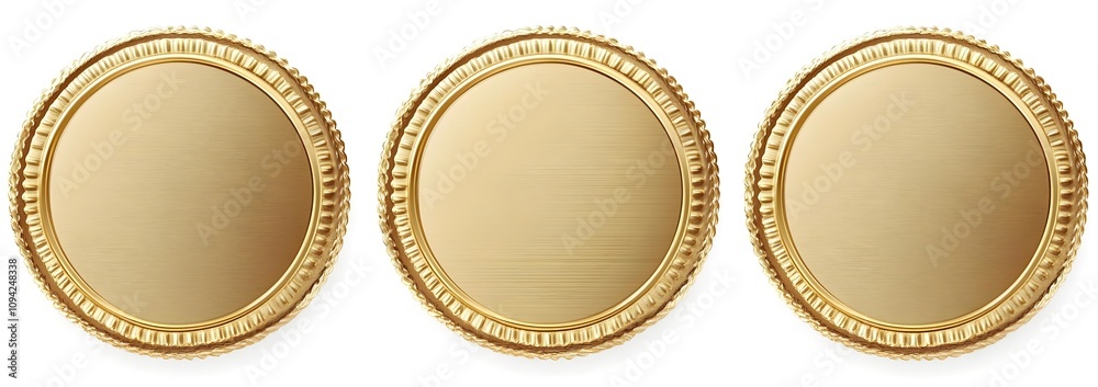 Elegant Set of Three Empty Golden Medal Plates with a Smooth Surface, Ideal for Award Ceremonies and Recognitions, Perfect for Customization and Personalization Elegant Set of Three Empty Golden Medal Plates with a Smooth Surface, Ideal for Award Ceremonies and Recognitions, Perfect for Customization and Personalization
