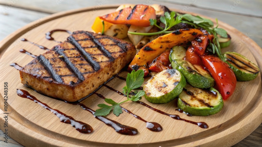 Grilled Tofu Steak with Roasted Summer Vegetables and Balsamic Glaze Grilled Tofu Steak with Roasted Summer Vegetables and Balsamic Glaze