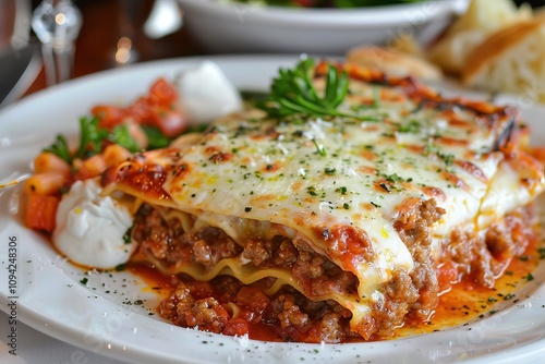 Delicious Homemade Lasagna with Rich Meat Sauce, Melted Cheese, and Fresh Ingredients on a Plate Ready to Serve in a Cozy Restaurant Environment