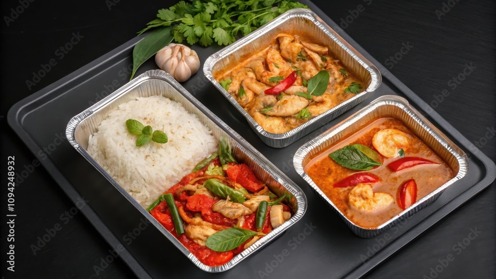Delicious Asian Cuisine Meal Prep Steamed Rice, Savory Stir-fry, and Two Creamy Curries in Foil Containers
