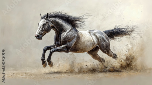 A powerful gray horse runs freely across a sandy terrain, mane flowing in the wind, kicking up dust with every stride during the golden hour