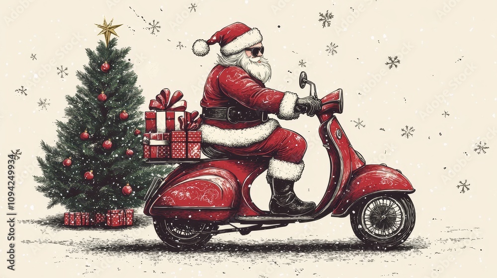 A red scooter with a Santa Claus riding it A red scooter with a Santa Claus riding it