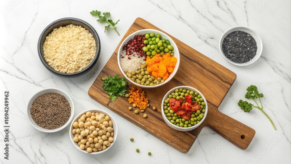 A vibrant and healthy meal prep featuring various grains, legumes, and vegetables arranged on a marble surface A vibrant and healthy meal prep featuring various grains, legumes, and vegetables arranged on a marble surface