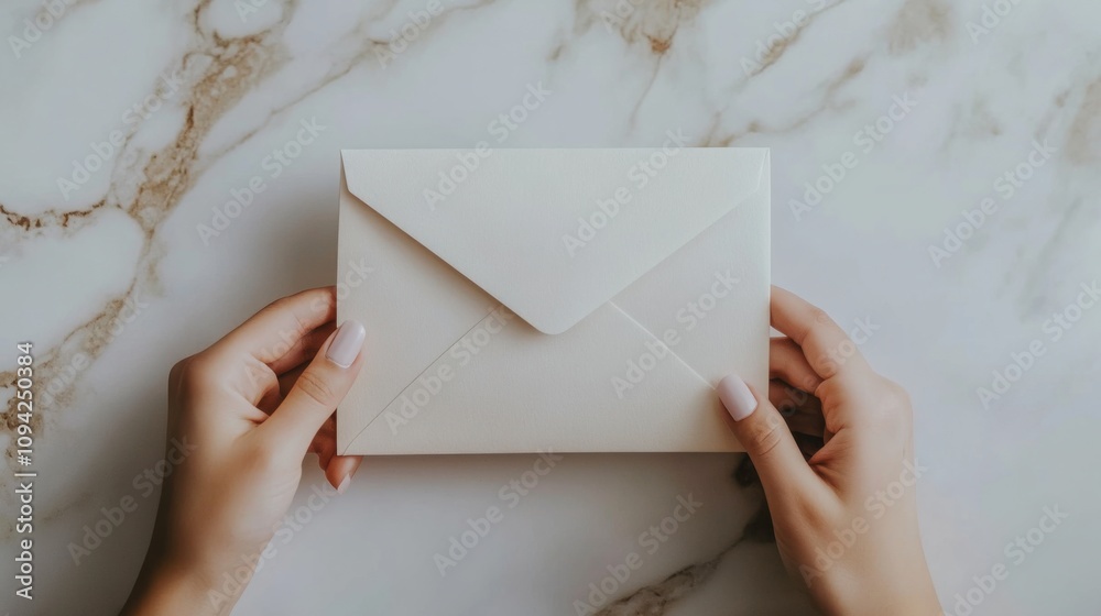 Close-up of a Cream Envelope Being Held Above a Marble background Close-up of a Cream Envelope Being Held Above a Marble background