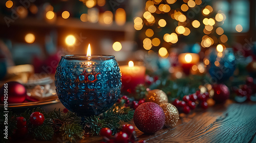 A beautifully set office dining table for a Christmas celebration, adorned with festive decorations, candles, and holiday-themed tableware.