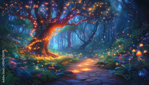 Enchanting nighttime forest scene with glowing tree and magical pathway fantasy realm digital art mystical atmosphere photo