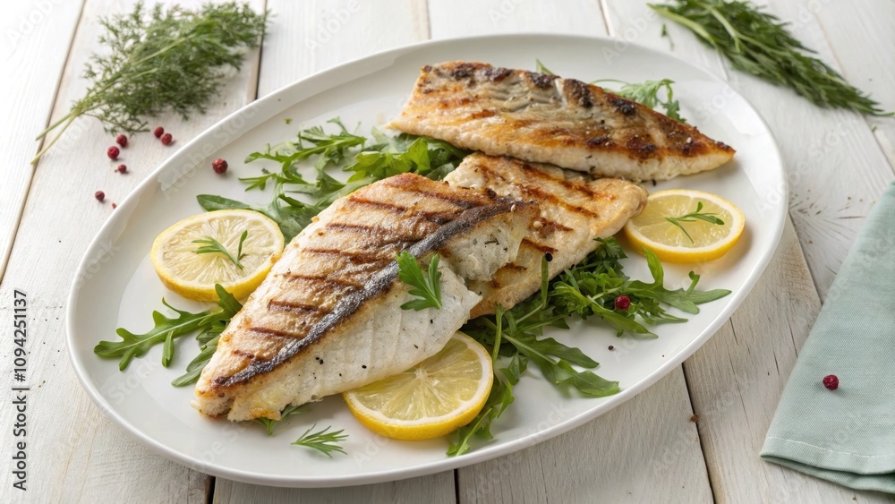 Grilled fish fillets served with lemon and arugula on a white plate Grilled fish fillets served with lemon and arugula on a white plate