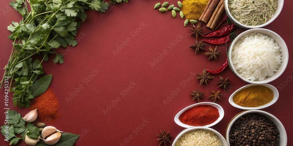 Aromatic Spices and Herbs Arranged on a Deep Red Background for Culinary Inspiration Aromatic Spices and Herbs Arranged on a Deep Red Background for Culinary Inspiration