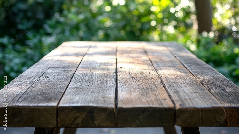 Outdoor wooden table surrounded by lush greenery nature photography tranquil environment close-up perspective serenity concept Outdoor wooden table surrounded by lush greenery nature photography tranquil environment close-up perspective serenity concept