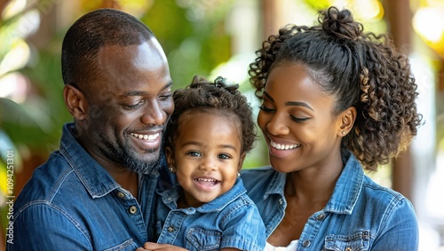 A cheerful family portrait set in nature, showcasing a loving bond and joyful expressions, with all in matching blue denim.