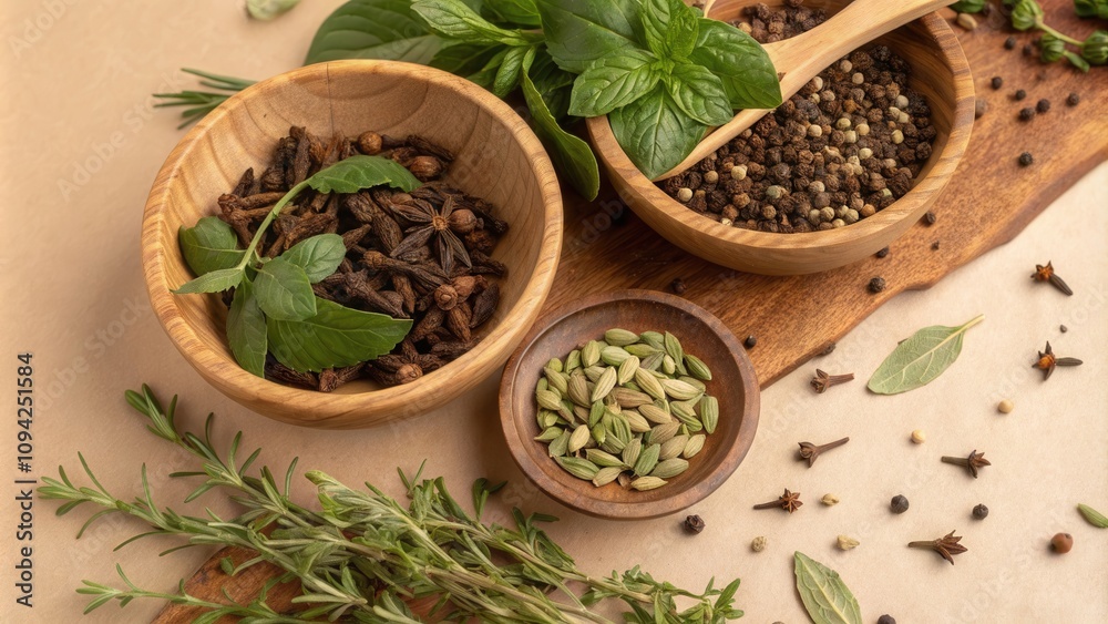 Aromatic Herbs and Spices in Wooden Bowls on a Rustic Surface Aromatic Herbs and Spices in Wooden Bowls on a Rustic Surface