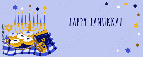 Hanukkah.Traditional Jewish festival of light. 
 Horizontal background for banner ,poster, web design. Vector illustration