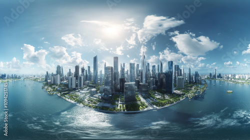 360 degree panorama view.A 3D picture shows a futuristic city in a panoramic view.  It's like looking around a virtual reality scene.