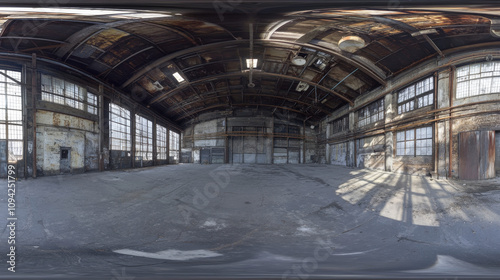 360 degree panorama view.A 3D image shows the inside of a dark, grungy industrial building. It's a high-resolution, panoramic view.