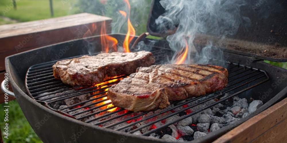 Flame-broiled steaks sizzling on a charcoal grill, smoky aroma filling the air, outdoor cooking at its finest Flame-broiled steaks sizzling on a charcoal grill, smoky aroma filling the air, outdoor cooking at its finest