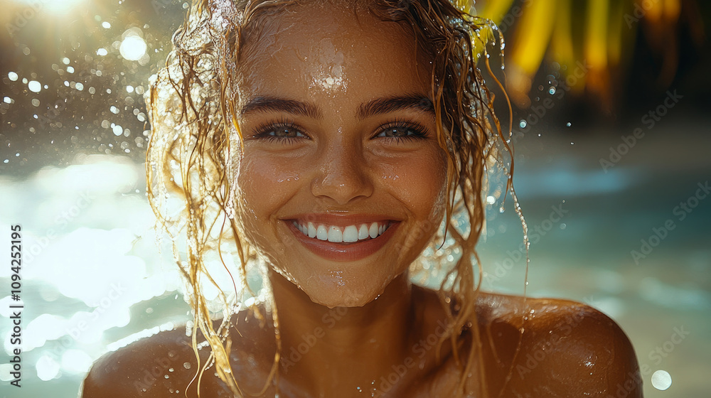 Obraz premium Woman with curly hair smiles joyfully while splashing in water, illuminated by sunlight, creating a vibrant atmosphere of happiness and refreshment