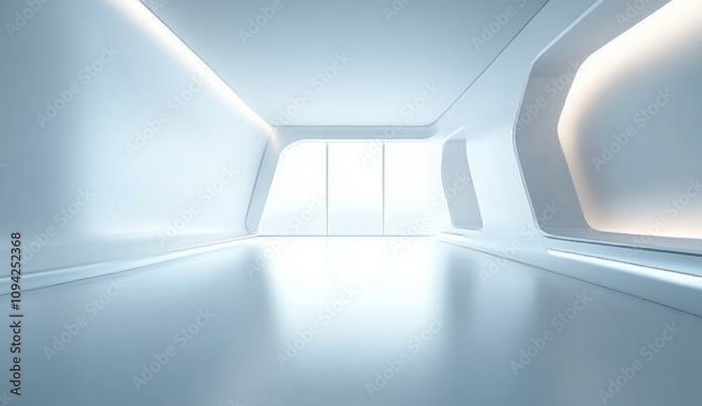Futuristic Minimalist Interior Room with White Walls and Large Windows Futuristic Minimalist Interior Room with White Walls and Large Windows