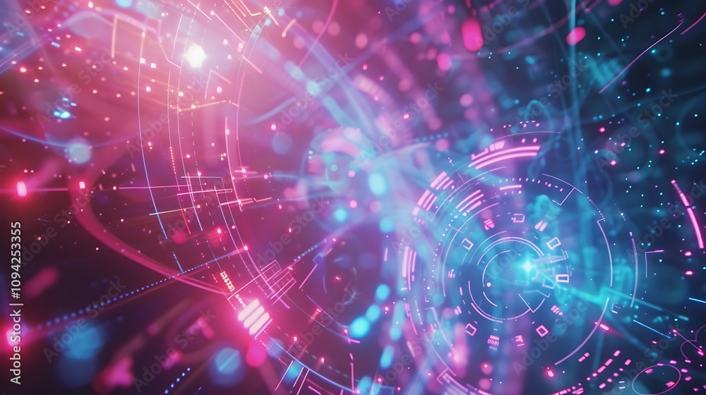 Obraz premium A luminous holographic interface with vibrant lines and digital symbols floating in space.