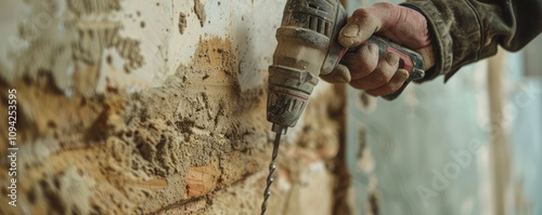 Close-up of drilling process in concrete surface.
